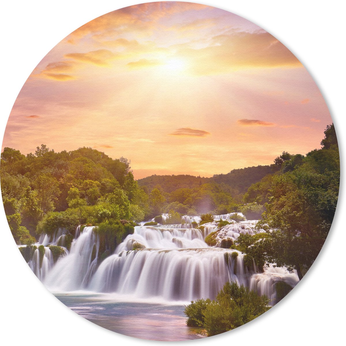 Muismat rond 30x30 cm - Mousepad Waterval - Landschap - Zon - Wolken - Zonsondergang - Ronde muismatten