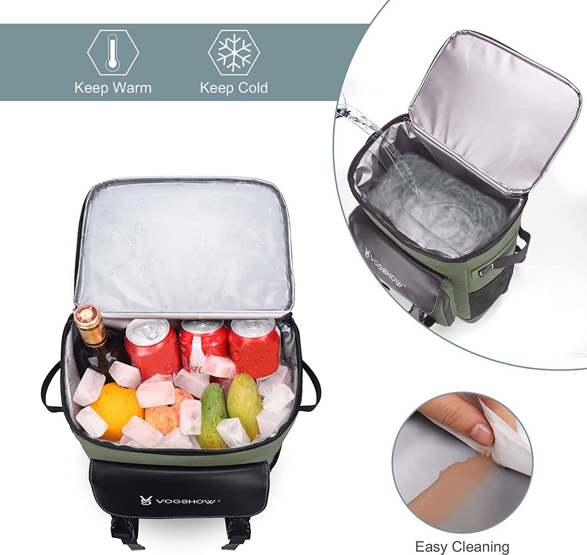 Sac à Dos Isotherme Vogshow 30L - Glacière Dos Multifonction Pour Pique-Nique, Camping, Plage - Vert Foncé