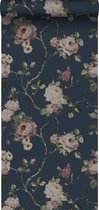 ESTAhome behangpapier vintage bloemen donkerblauw en oudroze - 139409 - 0.53 x 10.05 m