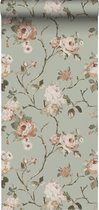 Papier peint ESTAhome fleurs vintage vert menthe grisé et rose tendre - 139291 - 53 cm x 9,54 m
