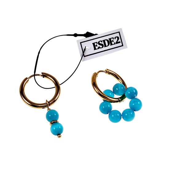 ∅19mm Oorringen Dames - Natuurlijke Kattenoog Steen Turquoise - Verguld RVS - Oorbellen met Kralen Hangers