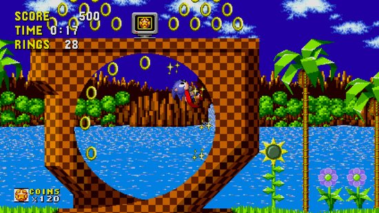 Sonic die door een ronde metalen buis rent in een groen landschap met water en palmbomen.