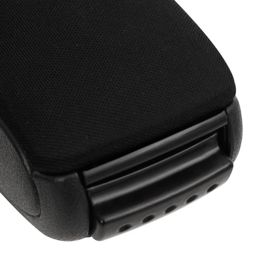 Accoudoir noir avec un dessus en textile et une fermeture en plastique à clips avec nervures.