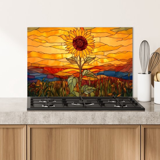 Spatscherm keuken 60x40 cm - Kookplaat achterwand Zonnebloem - Mozaïek - Zonsondergang - Geel - Muurbeschermer - Spatwand fornuis - Hoogwaardig aluminium