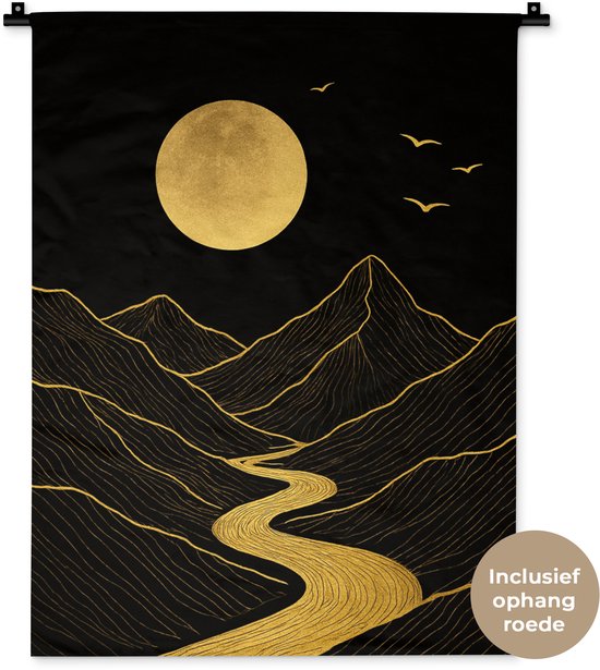 Wandkleed 60x80 cm - Wanddoek Rivier - Goud - Maan - Vogels - Wandtapijt - Wandkleden