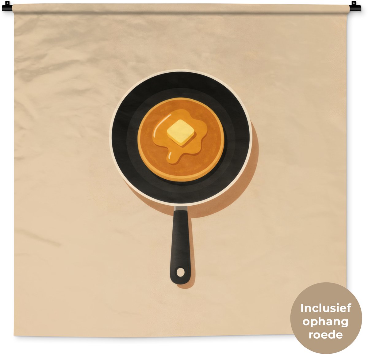 Wandkleed 120x120 cm - Wanddoek Pannenkoek - Koekenpan - Boter - Minimalistisch - Wandtapi