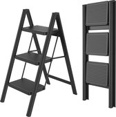 Opvouwbare trapladder, trapkruk, opvouwbare trap met brede antislip pedaal, multifunctionele huishoudtrap, trap tot 150 kg, zwart voor thuis, keuken, kantoor, buiten - 3 treden