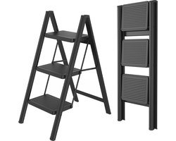 Opvouwbare trapladder, trapkruk, opvouwbare trap met brede antislip pedaal, multifunctionele huishoudtrap, trap tot 150 kg, zwart voor thuis, keuken, kantoor, buiten - 3 treden