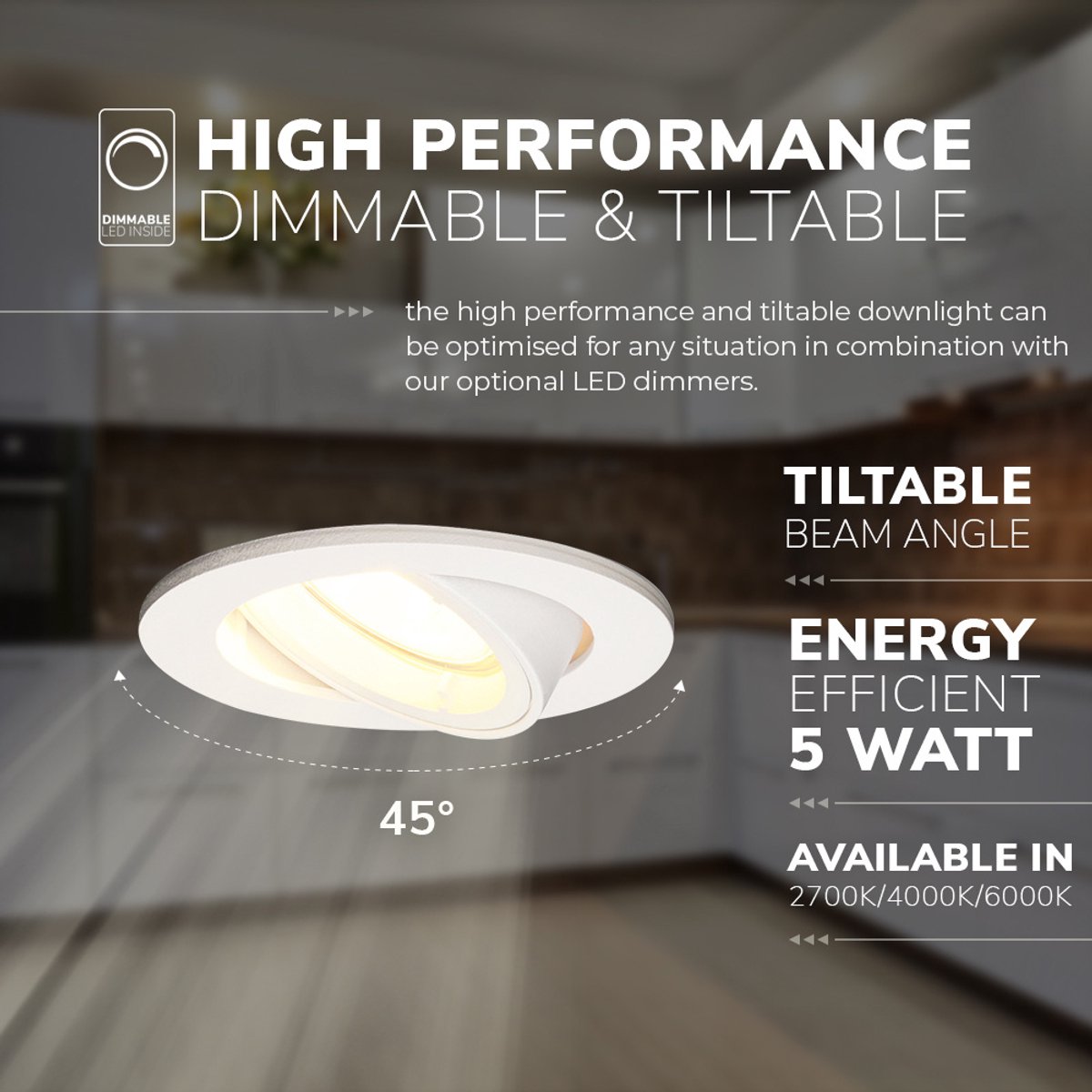 Set van 6 Dublin LED inbouwspots - 4 Watt 345 lumen - 2700K Warm wit - GU10 - Dimbaar - Rond - Kantelbaar - IP20 voor binnen - Wit