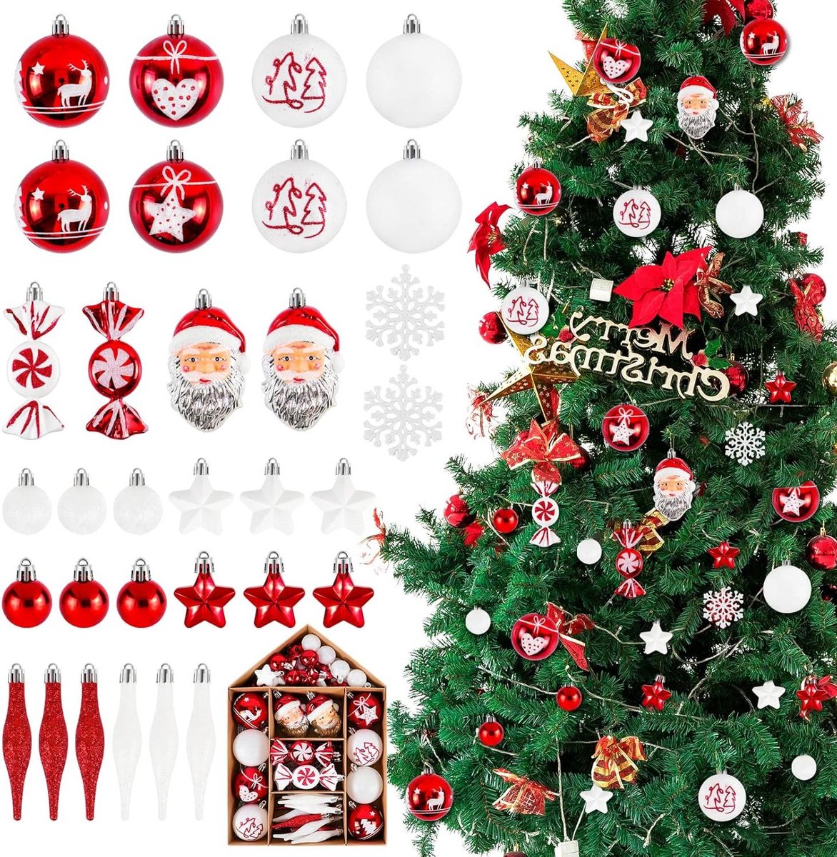 Kerstballen set van 70 stuks voor kerstboomdecoratie - Hangende decoratiebal ornamenten - Herbruikbare en onbreekbare ballen - Rood en wit - Festival en vakantiedecoratie