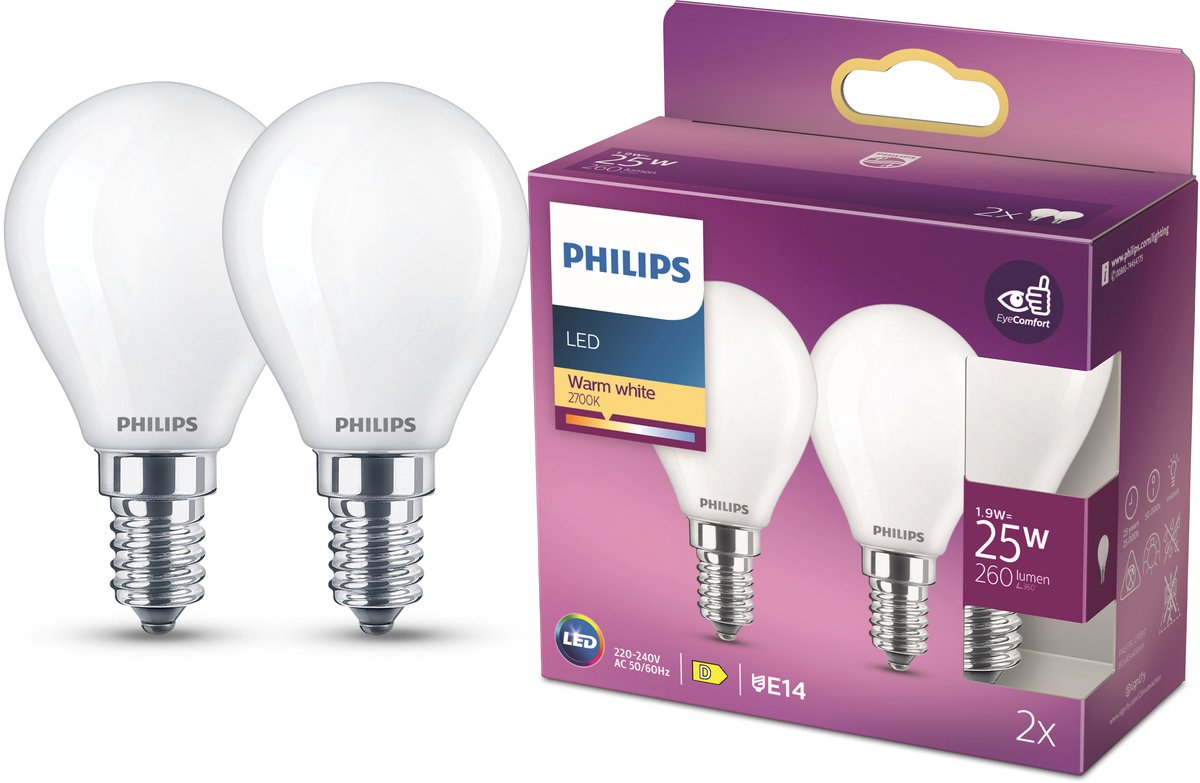 Philips energiezuinige LED Kogellamp Mat - 25 W - E14 - warmwit licht - 2 stuks - Bespaar op energiekosten