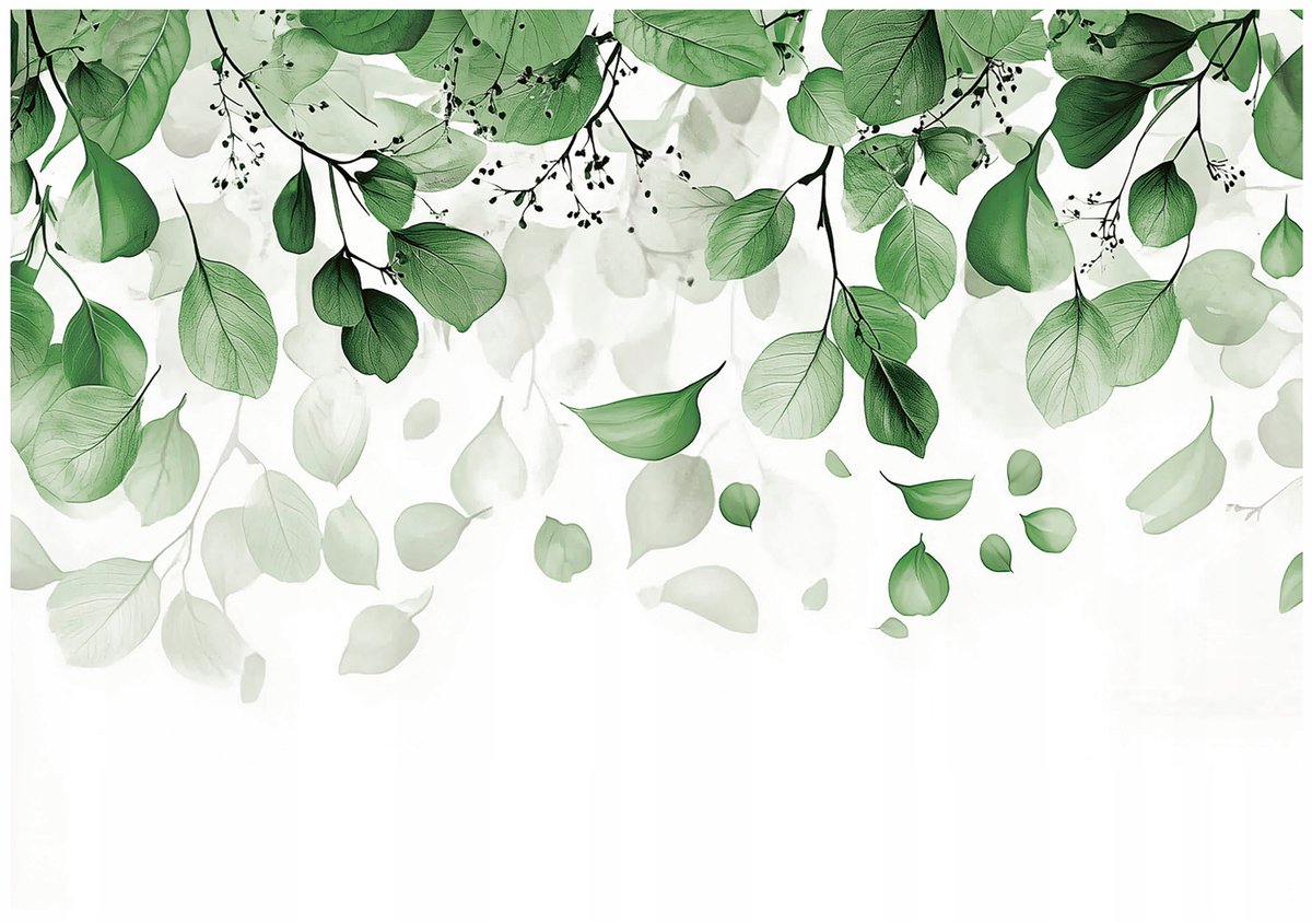 WALLARENA - Fotobehang - 350x250 cm - groene bladeren op witte achtergrond, geschikt voor slaapkamer en woonkamer, vliesbehang