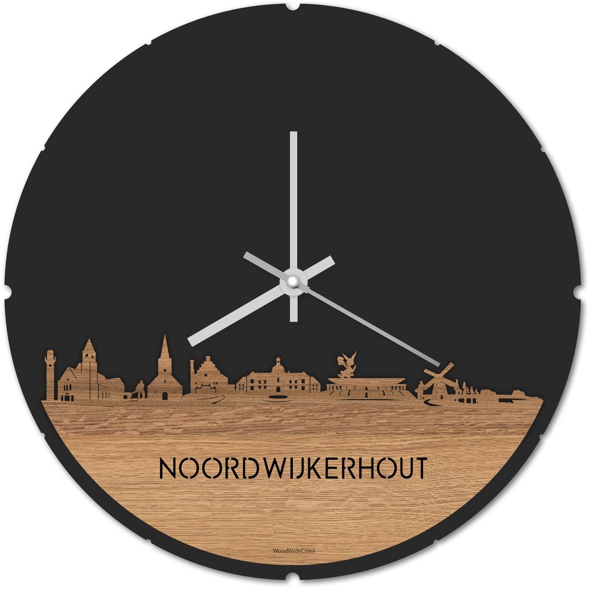 Skyline Klok Rond Noordwijkerhout Eikenhout - Ø 44 cm - Stil uurwerk - Wanddecoratie - Meer steden beschikbaar - Woonkamer idee - Woondecoratie - City Art - Steden kunst - Cadeau voor hem - Cadeau voor haar - Jubileum - Trouwerij - Housewarming -