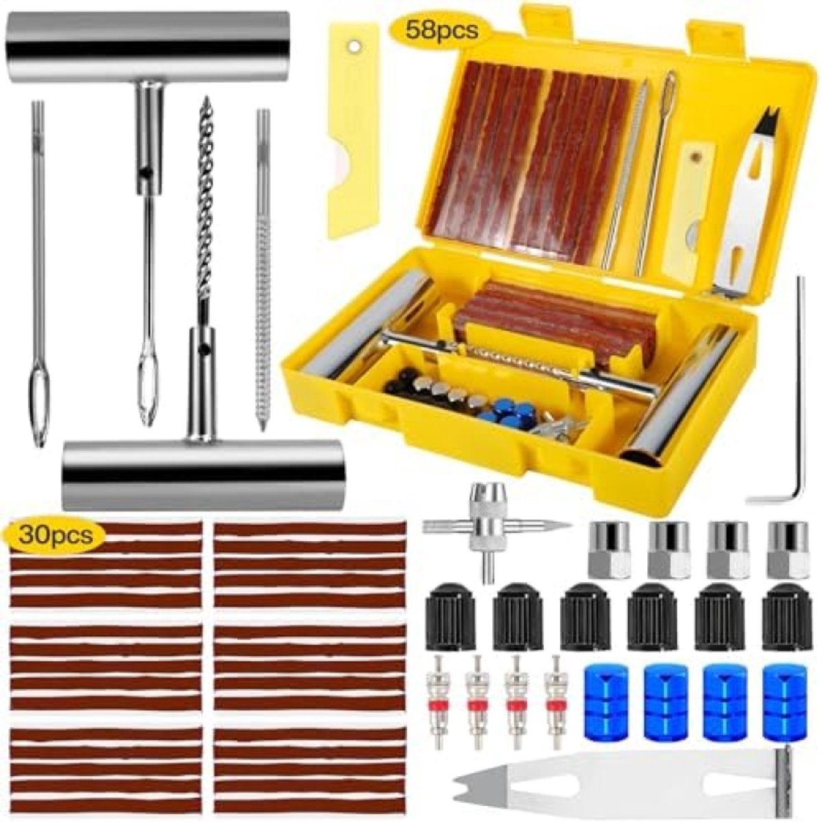 58-delige autobanden reparatieset, heavy duty bandenreparatiegereedschap, universele tubeless bandenreparatieset voor auto's, motorfietsen, tractoren en meer