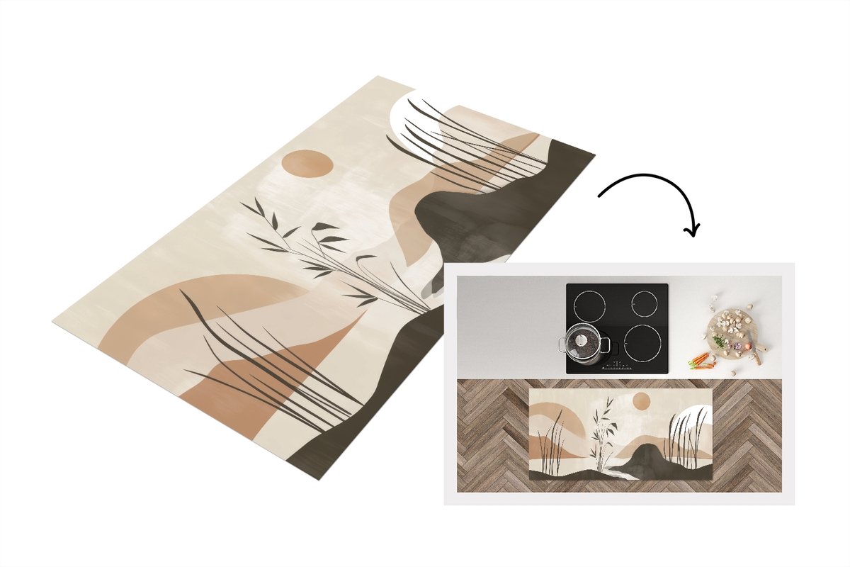 KitchenYeah Keukenloper 120x60 cm - Keukenmat vinyl Japandi - Landschap - Beige - Keukenmatten loper - Keuken vloerkleed tapijt Natuur