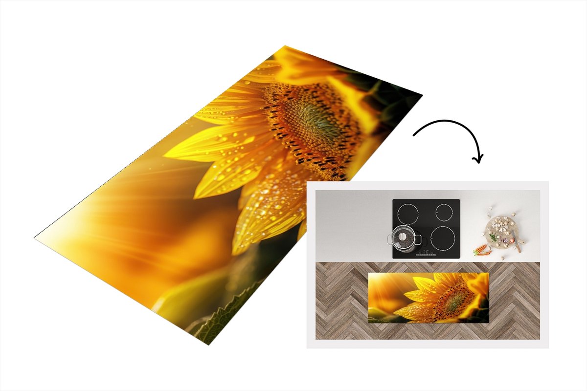 KitchenYeah Keukenloper 120x50 cm - Keukenmat vinyl Zonnebloem - Dauwdruppels - Geel - Zonlicht - Keukenmatten loper - Keuken vloerkleed tapijt