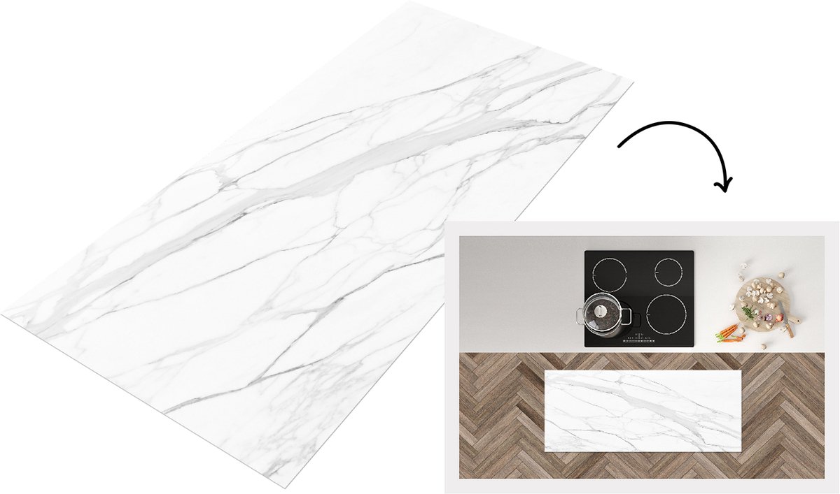 KitchenYeah Keukenloper 120x50 cm - Keukenmat vinyl Marmer - Wit - Lijn - Patronen - Luxe - Marmerlook - Keukenmatten loper - Keuken vloerkleed tapijt Marmer - Lijnen