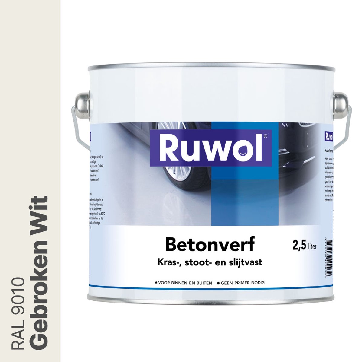 Ruwol Betonverf Gebroken Wit (RAL 9010) 2,5 liter - Voor binnen en buiten - Alle kleuren - Kras-, stoot- en slijtvaste verf voor beton en steen - Betonverf voor buiten