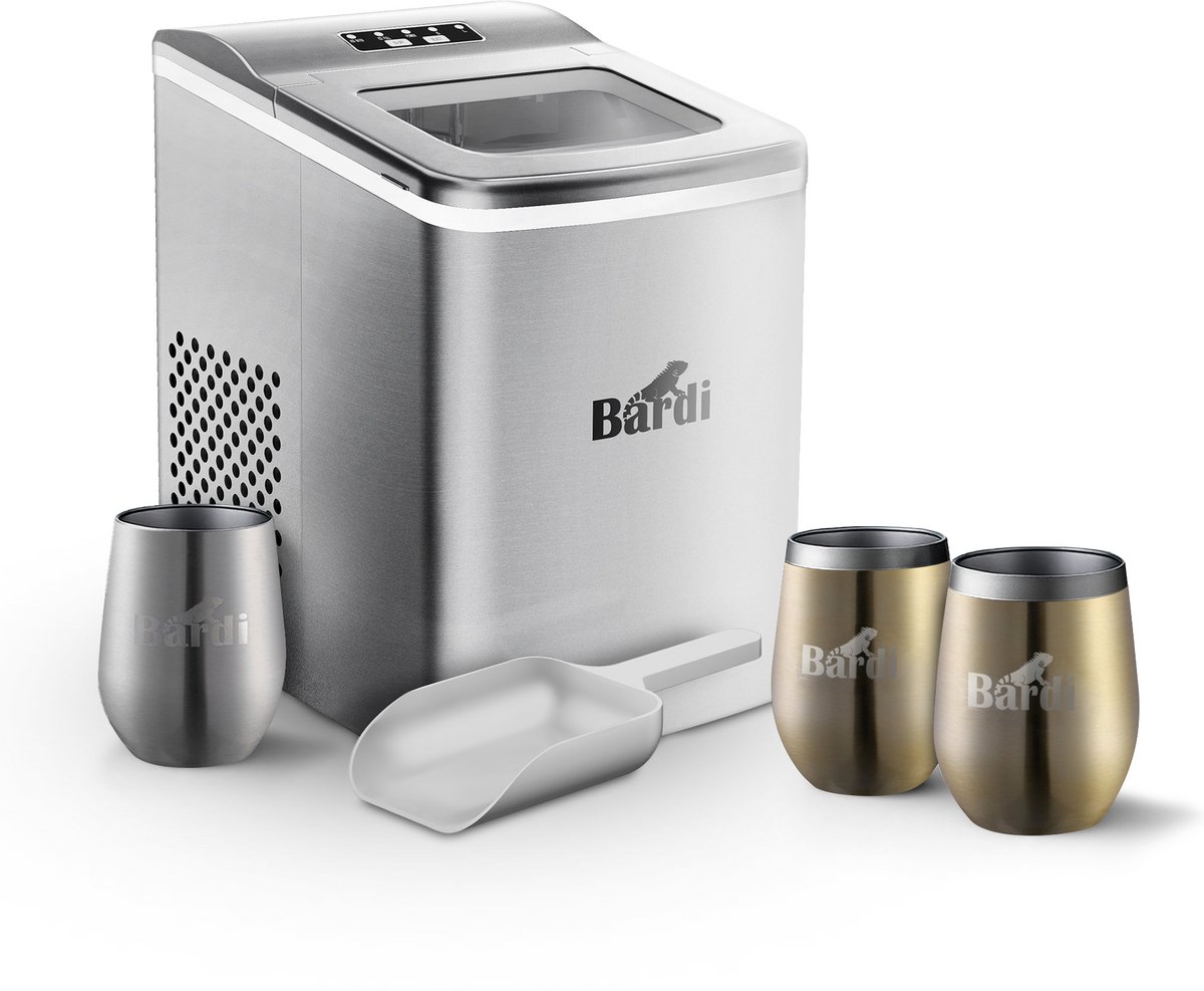 Bardi IJsblokjesmachine Set - 2 Liter RVS - 12KG IJsblokjes in 24 uur - met IJsschep - Inclusief 3 Luxe Thermosbekers en Ijsschep - Goud