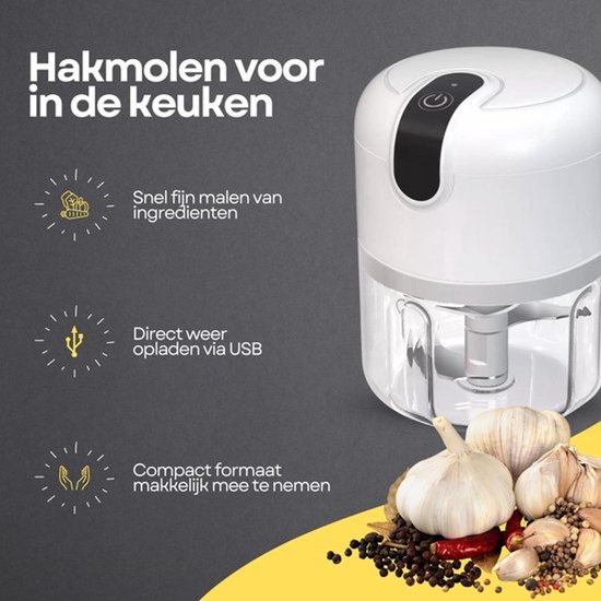 COCHO® Hakmolen elektrische - USB oplaadbal - Mini Portable Chopper - 250ml - Wit - Groentesijder van COCHO® — afbeelding 2