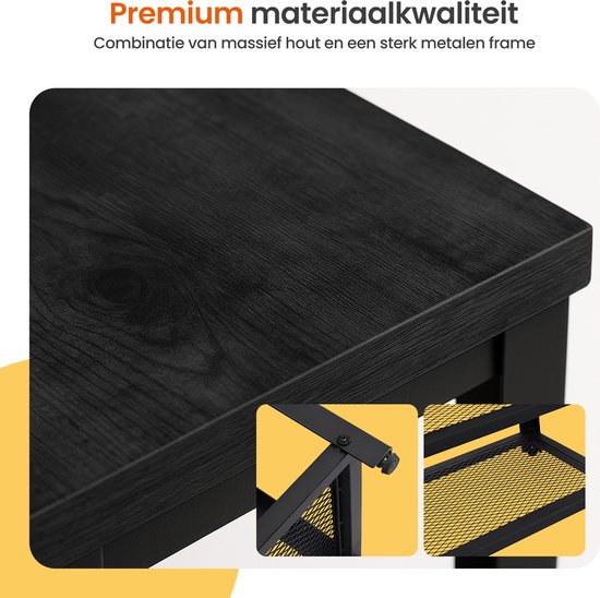 Detail van de zwarte houtnerf textuur van het bovenblad van de schoenenkast, met inzetstukken die de metalen constructie tonen. Tekst: Premium materiaalkwaliteit.