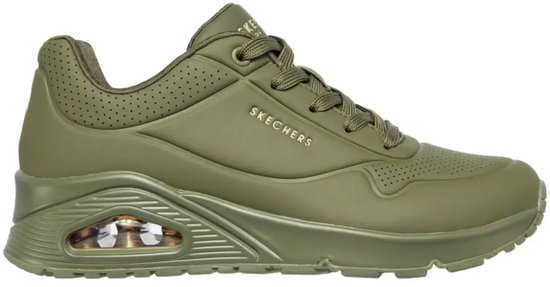 Olijfgroene Skechers sneaker met veters, perforaties en zichtbare luchtdemping.