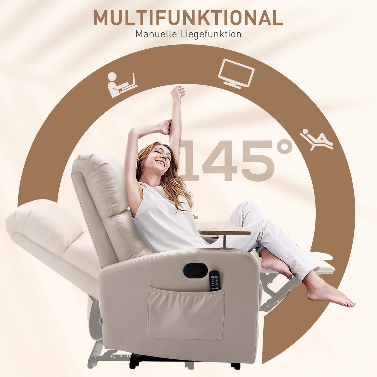 Afbeelding 2 van Merax Draaibaar Relaxfauteuil Beige met Massagfunctie