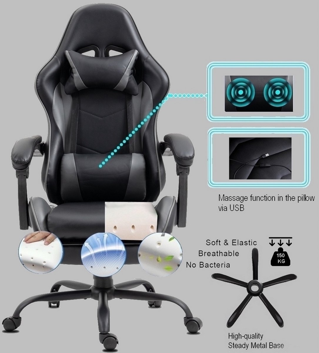 Afbeelding 3 van Delman Gaming- en bureaustoel met massagefunctie,2 trillingspunten, 360° draaibaar, met USB-poort, hoofdsteun en voetensteun, kantelbare rugleuning, draagvermogen 150kg