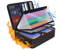 Tamfile 5200℉ brandwerende documentenbox, waterdichte documententas met 13 vakken, accordeonmap, documentenorganizer en labels, draagbare opbergdoos voor bestanden met slot, zwart