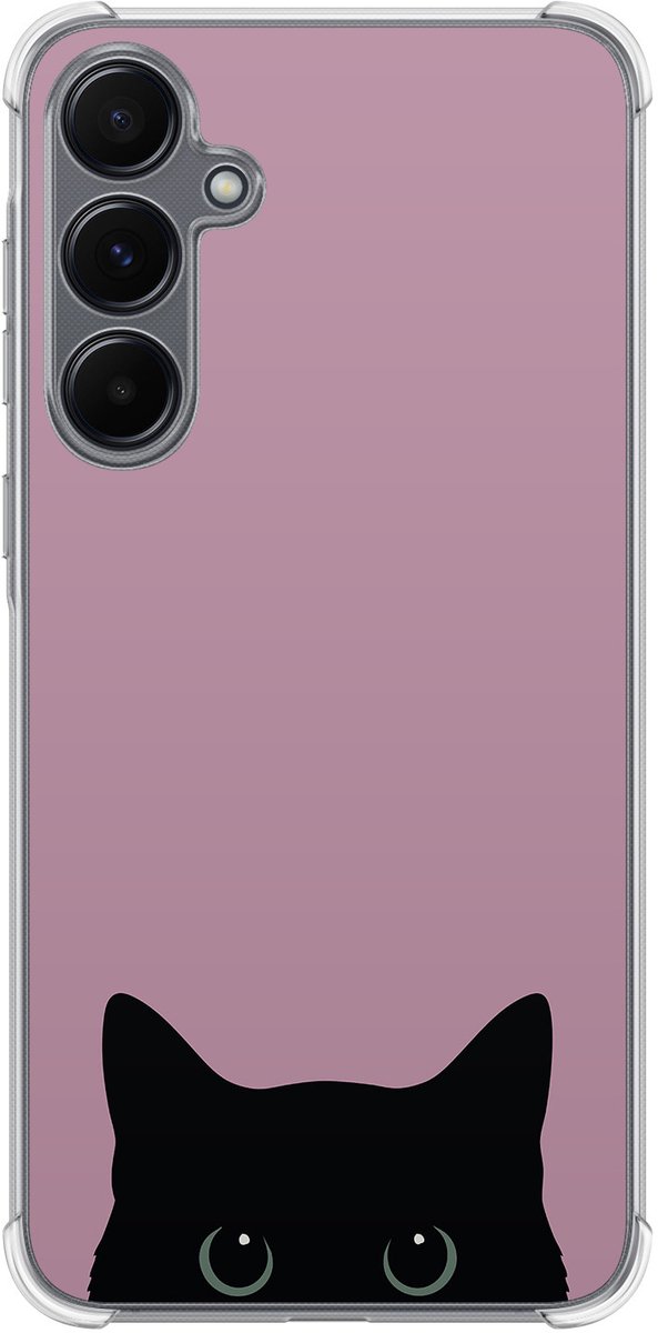 Hoesje (shockproof) geschikt voor Samsung Galaxy A55 - Zwarte kat - Extra sterke case - TPU/polycarbonaat - Print - Roze, Transparant