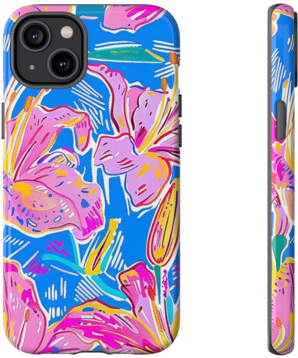 Felroze en Gele Bloemenprint – Telefoonhoesje Geschikt voor iPhone 14 Plus