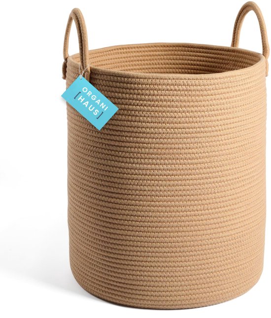 YOUDENOVA Wasmand van katoenen touw, opbergmand, boho decoratieve mand, gevlochten, wasverzamelaar met handgrepen, speelgoedopslag voor kinderkamer, 40 x 43 cm, wit