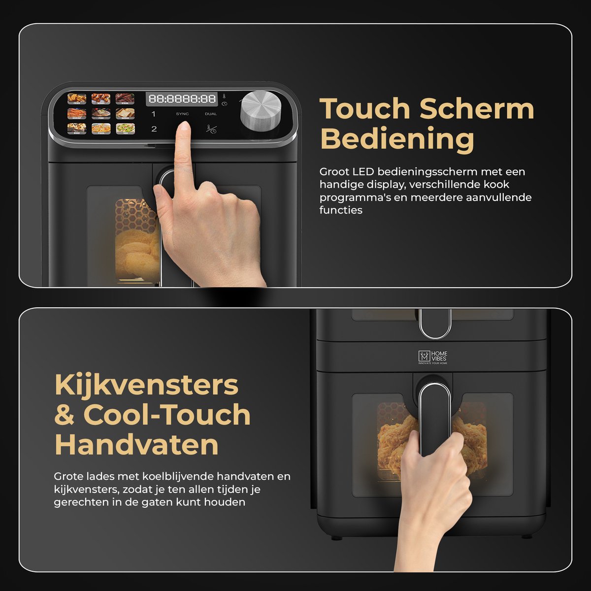Afbeelding 3 van Home Vibes® Airfryer XXL – Gestapelde Lades - Heteluchtfriteuse - 2460W – 11L Air Fryer – LED Display met 9 Kookprogramma’s – Dubbele Airfryer – Met Extra Accessoires - Mat Zwart