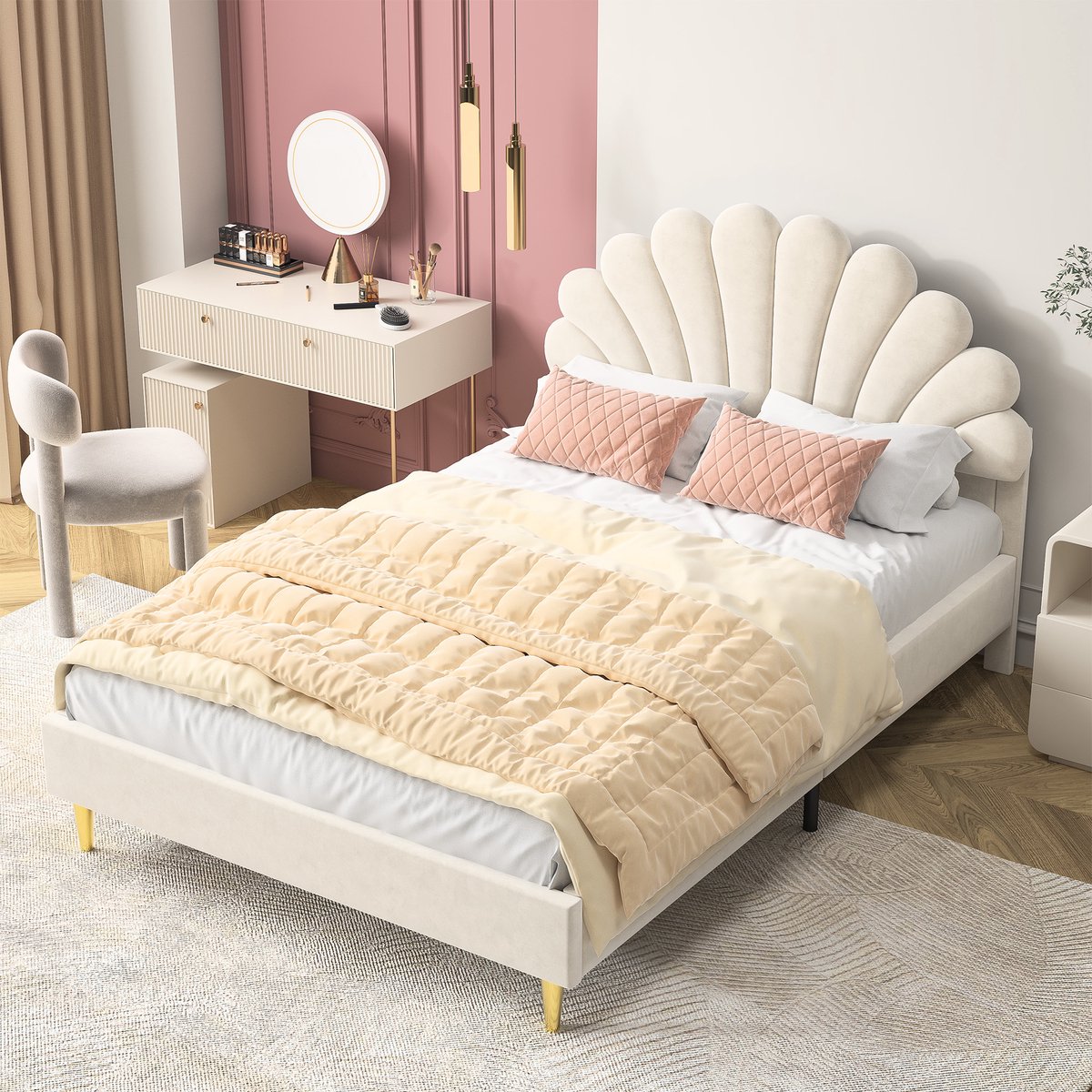 Tweepersoonsbed 140x200 cm met bloemvormig hoofdbord, kinderbed met lattenbodem, jeugdbed van fluweel, beige