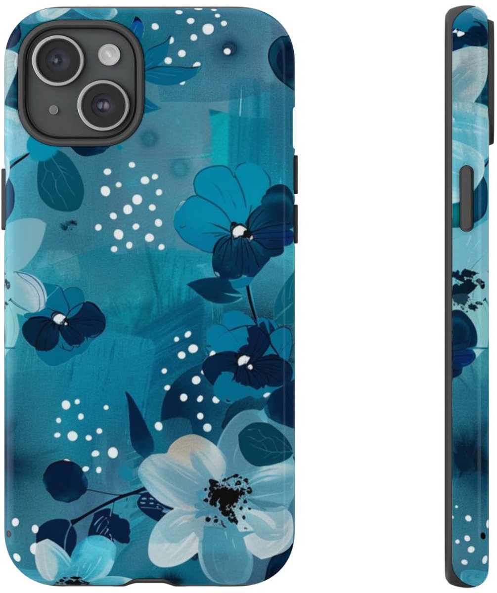 Turquoise Bloemenpatroon met Stippen – Telefoonhoesje Geschikt voor iPhone 15 Plus