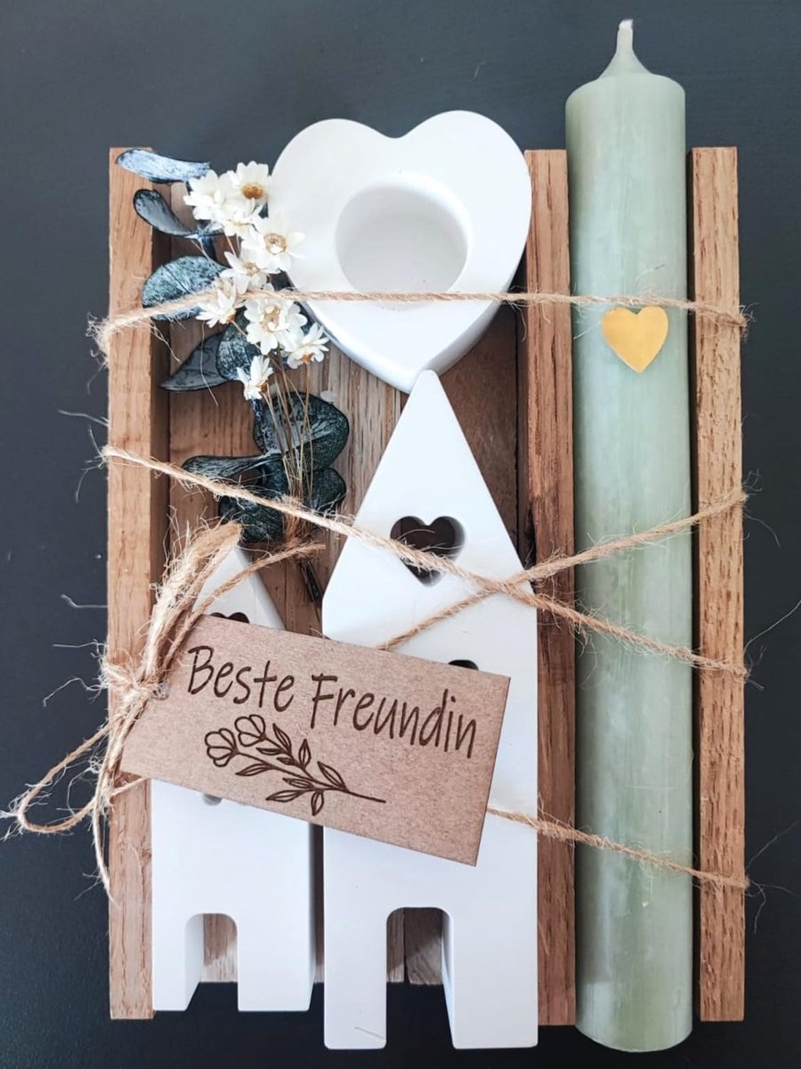Cadeau voor een kaars als beste vriend | Verjaardagscadeau voor een vriendin | Souvenir | Decoratie van een verlicht huis met een kaars, gedroogde bloemen en een ansichtkaart