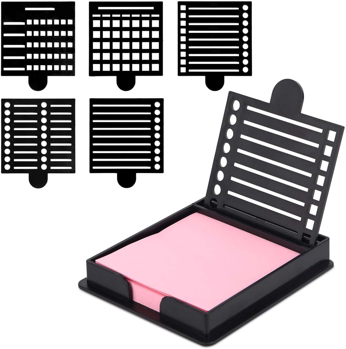 Sticky Note houder met sjabloon, 1,2 x 1,2 cm Sticky Note dispenser met 5 stijlen Lijnteken sjabloon Memoblad organizer voor bureau Kantoor Thuis Schoolbenodigdheden (zwart)