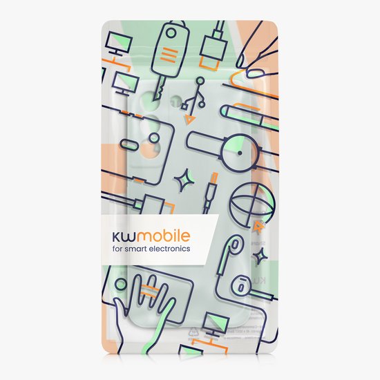 Verpakking van kwmobile voor smart electronics, met lijntekeningen van accessoires en logo.