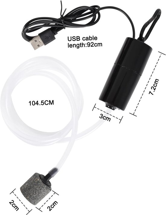 Luchtpompje Aquarium - Aquarium Zuurstof Pomp - luchtpompje - USB Mini Aquarium Luchtpomp - 1W Energiebesparende Beluchter - Draagbare Aquarium Luchtpomp - Met luchtsteen en siliconen slang - Zwart