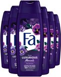 Fa Luxurious Moments douchecrème in een voordeelverpakking van 6 flessen, met paarse viooltjes.