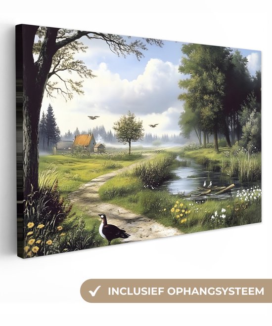 Canvas schilderij 90x60 cm - Exclusieve wanddecoratie Zandpad - Groen landschap - Water - Muurdecoratie woonkamer - Slaapkamer decoratie - Kamer accessoires - Schilderijen op canvas