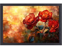 Elegante rode rozen - Rozen schilderij - Muurdecoratie canvas bloemen - Impressionisme - Design canvas met baklijst - Schilderij vintage - canvas met baklijst 150x100 cm