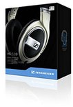 Verpakking van de Sennheiser HD 599 koptelefoon, crème met bruine accenten, van de zijkant.