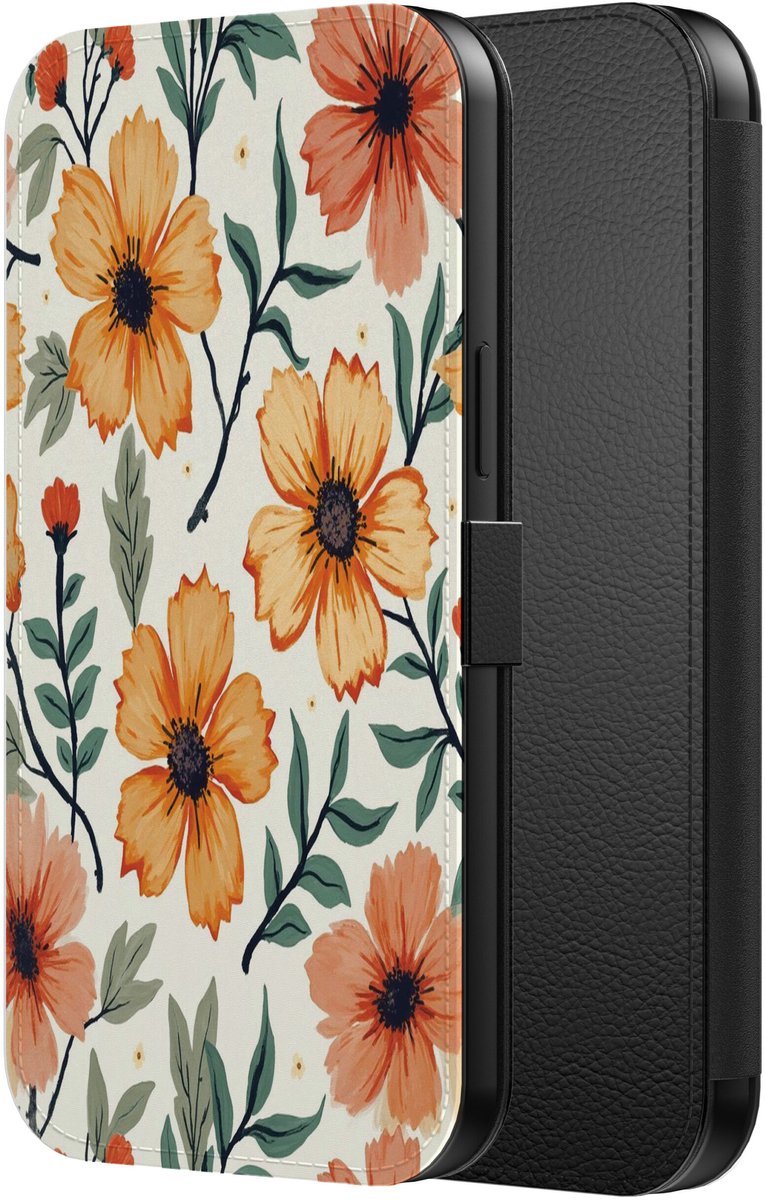 Smartphonica Telefoonhoesje Geschikt voor iPhone 16 Pro Kunstleren Bookcase Hoesje met Magnetisch Lipje en Pasjeshouder met Oranje en Rode Bloemen Opdruk geschikt voor iPhone 16 Pro