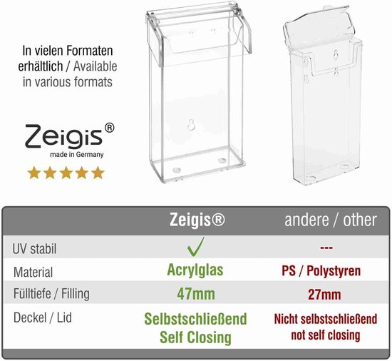 2-voudig, DIN lange brochurebox/brochurehouder/flyerhouder in staand formaat, weerbestendig, voor buiten, met deksel, van glashelder acrylglas Zeigis 2-voudig, DIN lange brochurebox/brochurehouder/flyerhouder in staand formaat, weerbestendig, voor buiten, met deksel, van glashelder acrylglas Zeigis