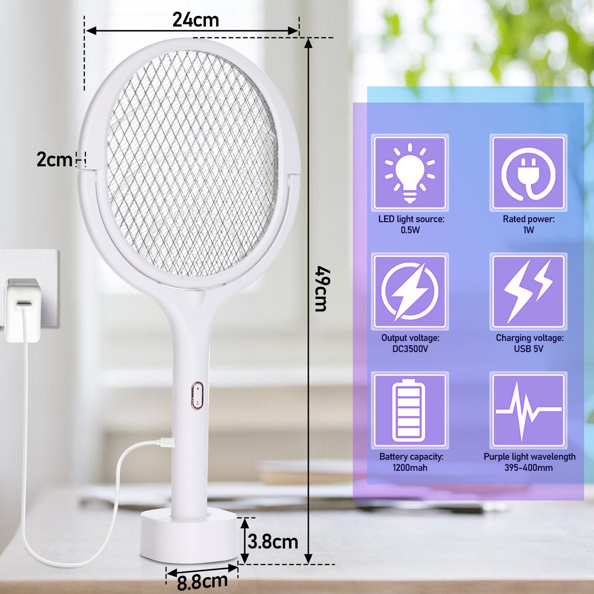 Tapette électrique 5 En 1 3500V - Anti Moustiques USB Rechargeable Intérieur/extérieur