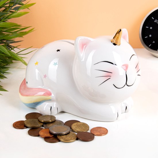 Spaarpot eenhoorn kat/poes met slotje - 17 x 12 cm - Unicorn katten/dieren spaarpotten - meisjes