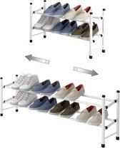 Extendable Shoe Rack with 2 Levels for Storing Up to 12 Pairs of Shoes Adjustable Stackable Shoe Rack Hallway Storage 62~114 x 22 x 35cm (White 2 Shelves)