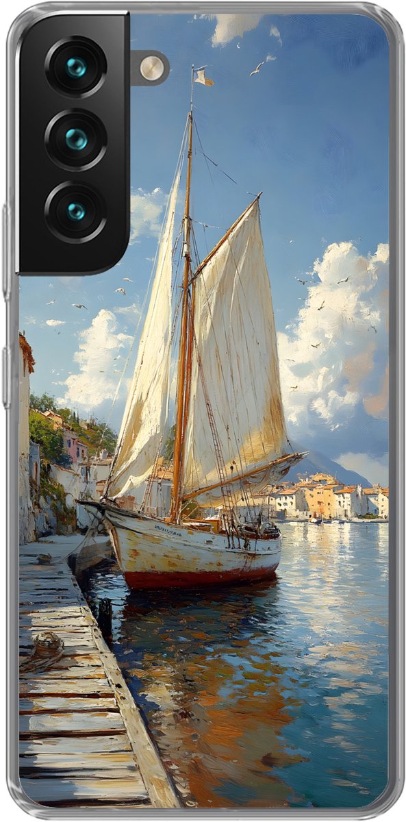 Telefoonhoesje Geschikt voor Samsung Galaxy S22 hoesje - Zeilschip - Huizen - Kade - Zee - Siliconen Telefoonhoesje Telefoonhoesje