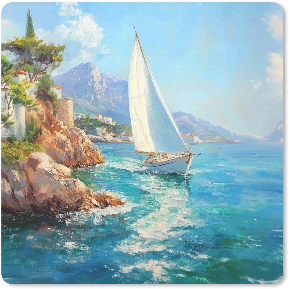 Muismat 20x20 cm - Mousepad Zeilboot - Rotsen - Kust - Huizen - Muismatten
